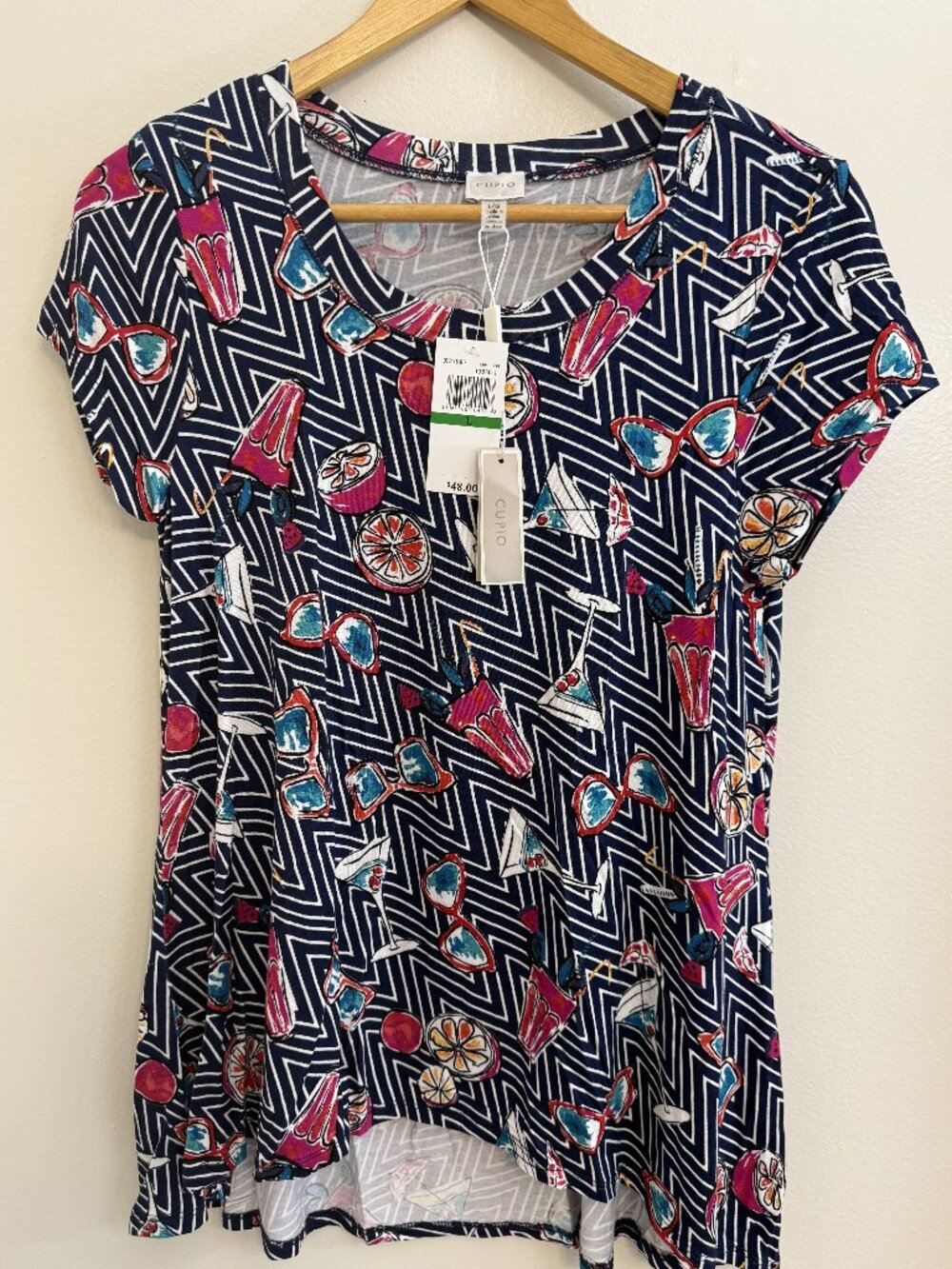 New! Cupio Blouse Womens Large Blue multi-color cap sleeve soft fabric Tropical